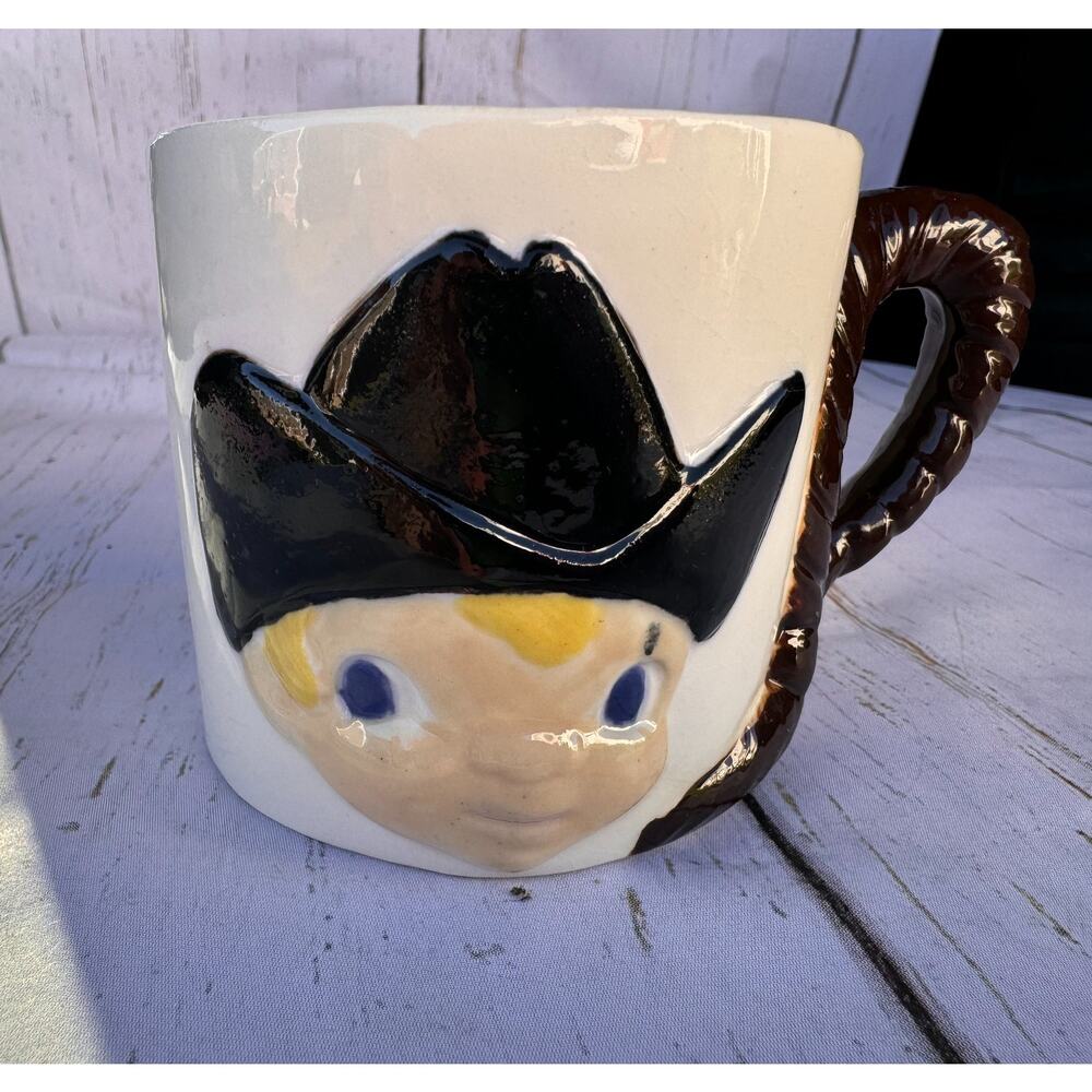 Vintage Cowboy Face Mug with Rope Handle – Western Theme Ceramic Cup 1950s–1960s